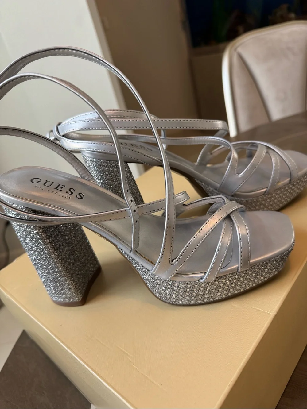 Guess Silver Metallic Strappy Platform Sandals
